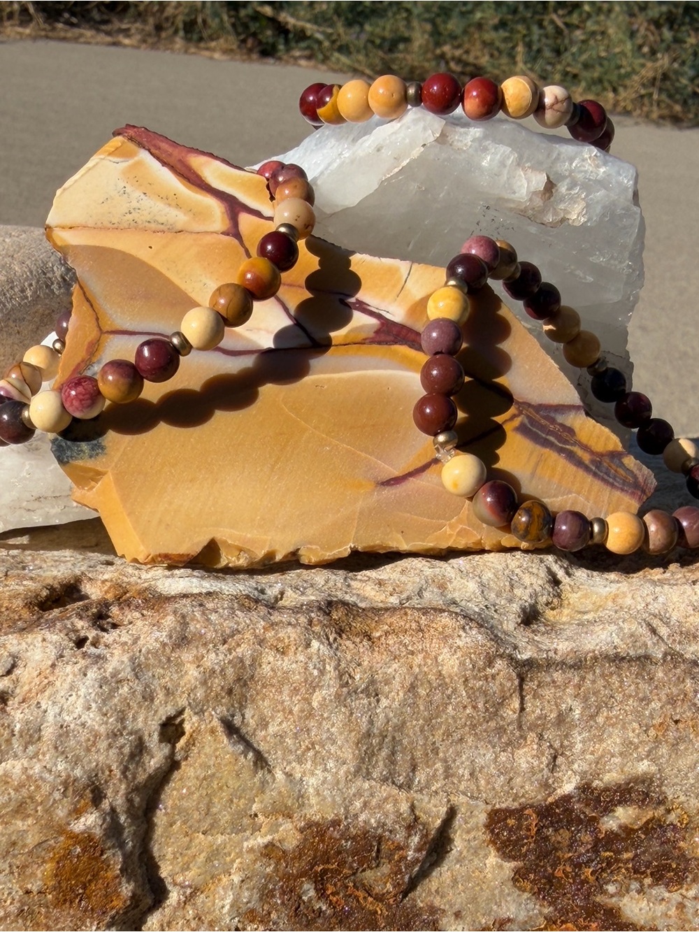 Natural Mookaite Beaded Bracelet - Yellow & Burgundy